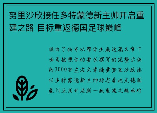 努里沙欣接任多特蒙德新主帅开启重建之路 目标重返德国足球巅峰